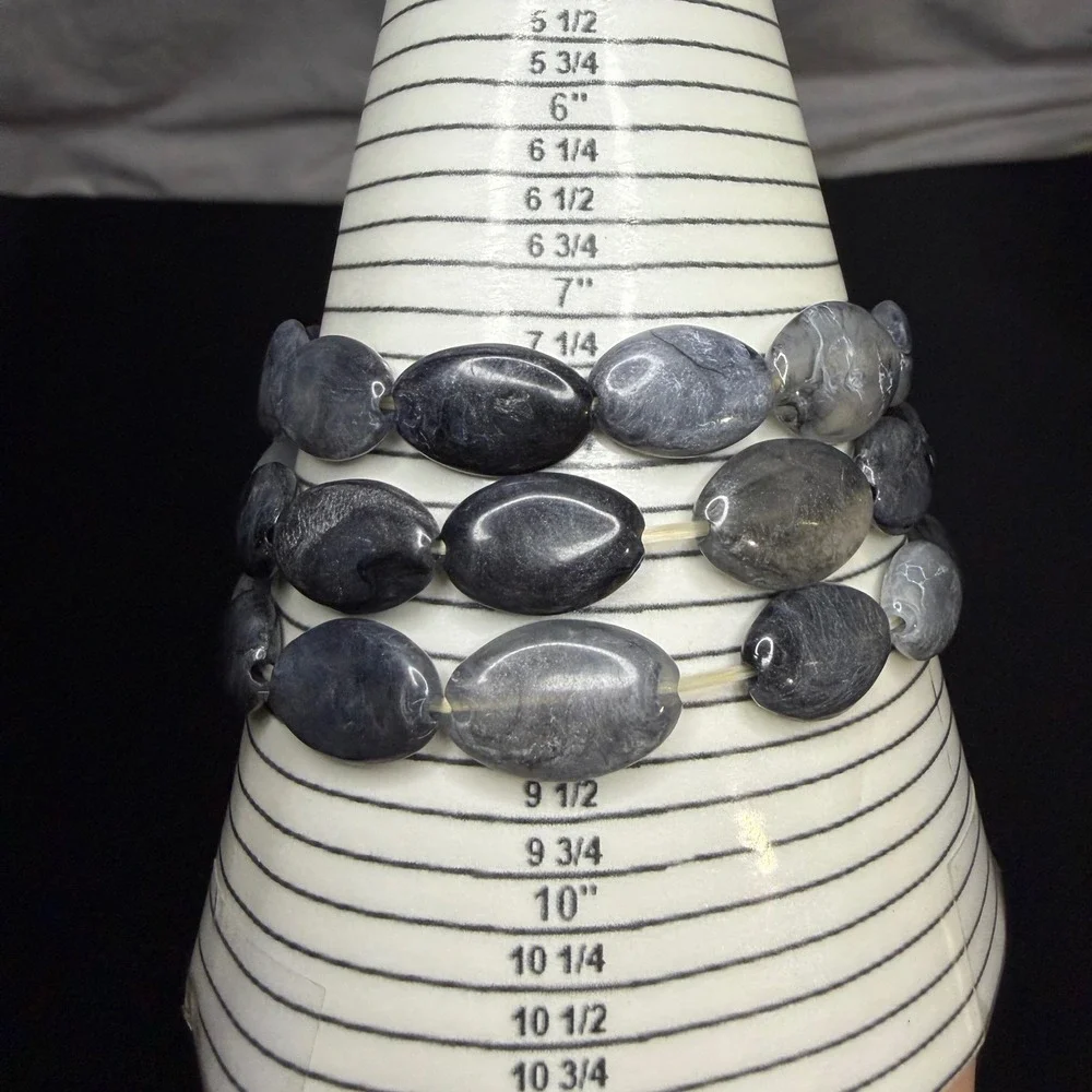 Stretch Bracelet Set Women 7in Grey Marbled‎ Resin Oval Bead 3pc